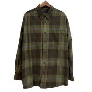 Hathaway Men's XXL 18.5 Plaid Button Down Shirt Green Brown Cotton Long Sleeve